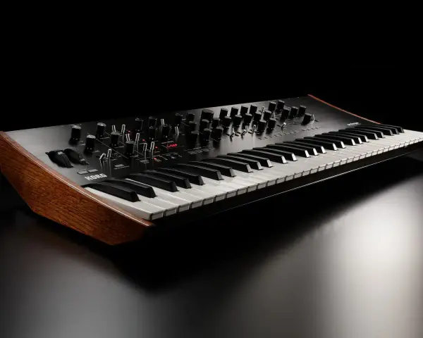 Elegancki syntezator Korg prologue 16 z drewnianymi panelami bocznymi, gotowy do tworzenia muzyki.