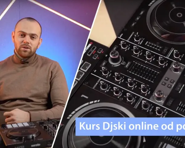 Mężczyzna w golfie obok konsoli DJ-skiej. Kursy Djskie online od podstaw, świetna muzyka swing.
