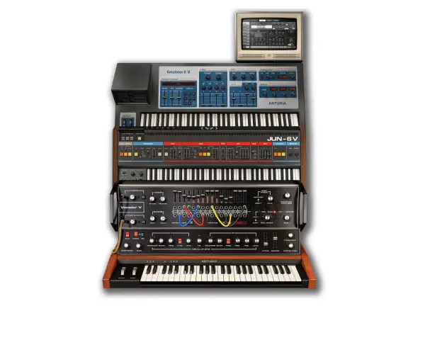 Stos wirtualnych syntezatorów z Arturia V Collection 8: Emulator II V, JUN-6V, Vocoder V i inne.