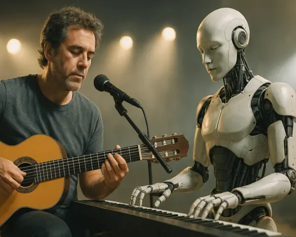 Człowiek gra na gitarze, a robot na keyboardzie. Wspólne tworzenie muzyki AI.