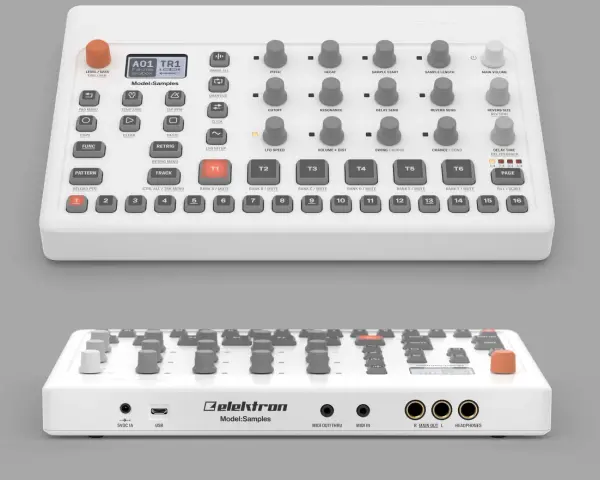 Elektron Model:Samples - biały sampler z licznymi przyciskami i pokrętłami, gotowy do tworzenia muzyki.