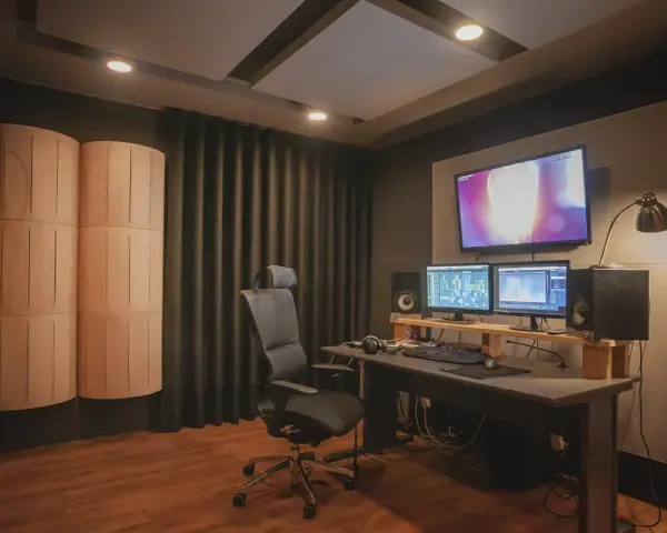 Studio nagraniowe z monitorem studyjnym, dwoma ekranami, wygodnym fotelem i panelami akustycznymi, które pomagają w kontroli **damping factor**.