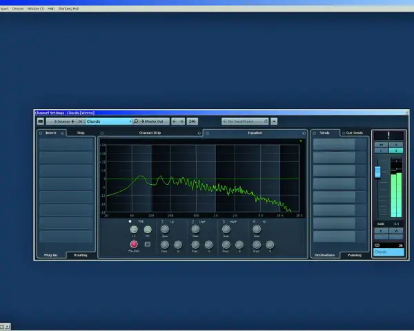 Ekran programu Cubase z panelem ustawień kanału "Chords". Widoczny jest korektor graficzny i suwaki głośności, co sugeruje proces **mixing music**.