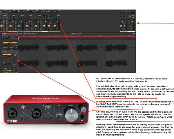 DAW z faderami i interfejsem Focusrite Scarlett 2i2. Pytanie o normalizację dźwięku i poziomy głośności.