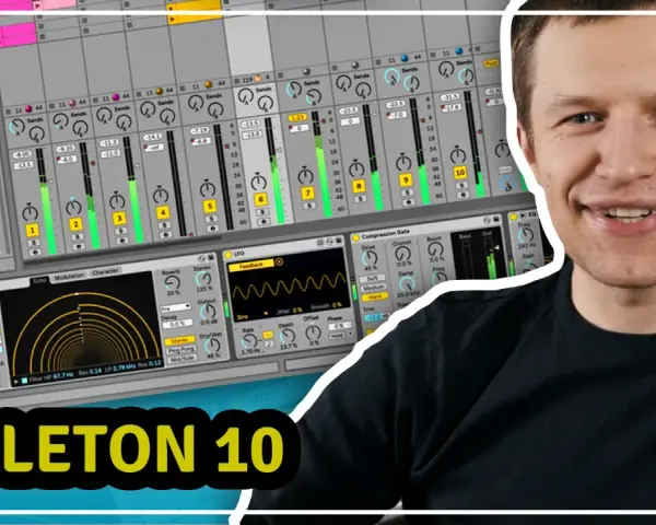 Uśmiechnięty mężczyzna na tle ekranu z programem Ableton 10. Idealny do nauki, jak tworzyć muzykę w Ableton kurs.