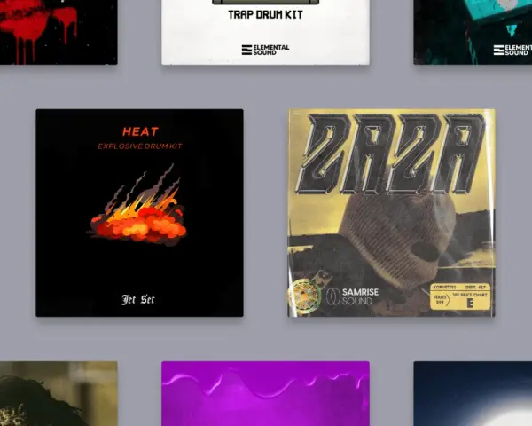 Płonący płomień na czarnym tle, obok napis "HEAT EXPLOSIVE DRUM KIT". To idealny trap drum kit dla każdego producenta.