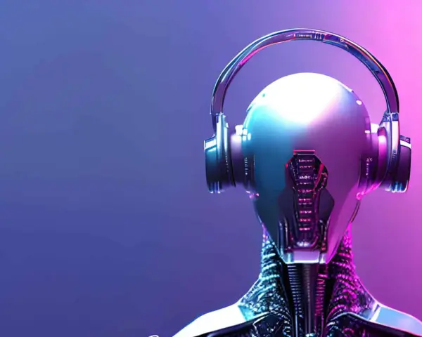 Sztuczna inteligencja słucha muzyki. Futurystyczny robot w słuchawkach, oświetlony neonowym blaskiem.