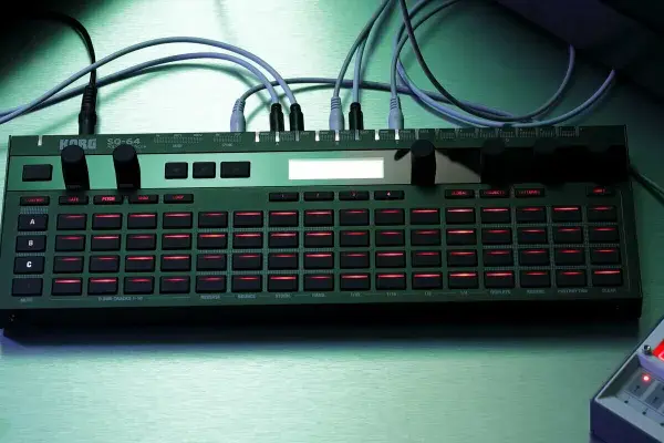 Zielony Korg SQ-64 z podświetlanymi na czerwono przyciskami, otoczony innymi syntezatorami i klawiaturą, tworzy scenę do tworzenia muzyki.
