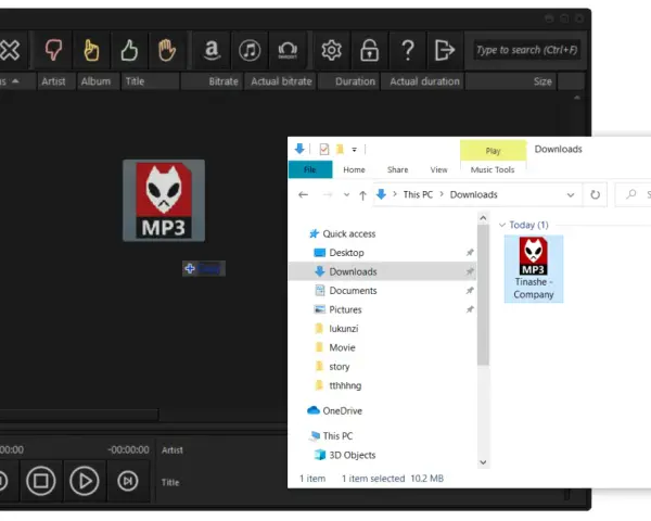 Odtwarzacz muzyki pokazuje plik MP3. W oknie "Downloads" widać plik "Tinashe - Company", a w nagłówku kolumn odtwarzacza jest "Bitrate co to".