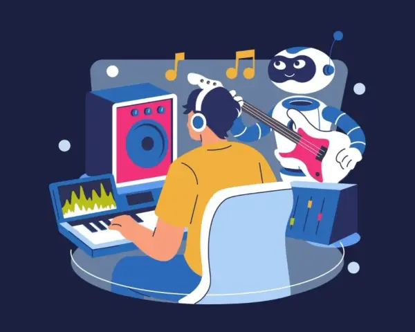 Człowiek w słuchawkach pracuje przy komputerze, a robot gra na gitarze. W tle nuty i sprzęt muzyczny. To idealne miejsce do wycinania wokalu.