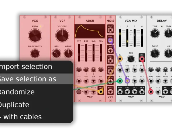 Menu z opcjami dla vcv rack 2: "Import selection", "Save selection as", "Randomize", "Duplicate", "L with cables".