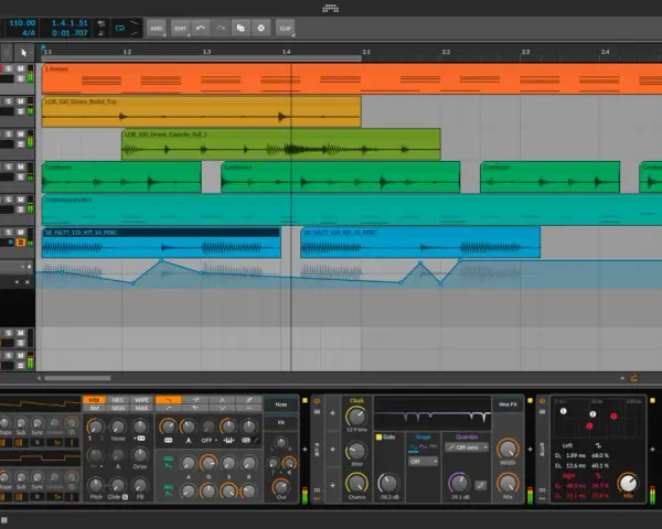 Sekwencja w Bitwig 8-Track z samplami perkusyjnymi i syntezatorami.