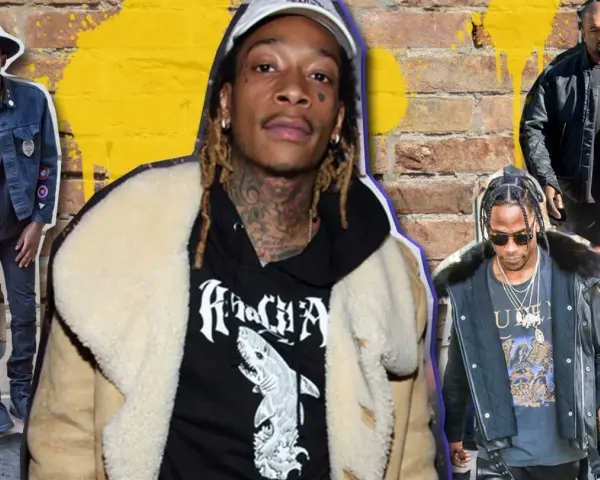 Wiz Khalifa, Travis Scott, Kanye West i inni raperzy w stylowych kurtkach, gotowi na uliczny vibe.