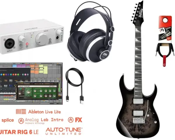 Zestaw do tworzenia muzyki: gitara, słuchawki, interfejs audio i oprogramowanie. Analogowe brzmienia i cyfrowe możliwości.