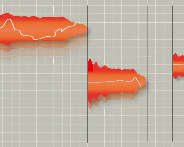 Pomarańczowe kształty z białymi liniami, przypominające zapis nutowy na piano roll, unoszą się nad szarą siatką.