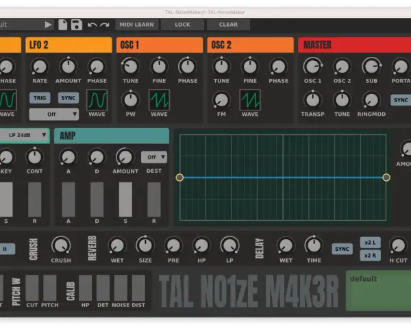Interfejs syntezatora TAL-NoiseMaker, jednego z najlepszych synth VST, z pokrętłami LFO, oscylatorów, filtrów i efektów.