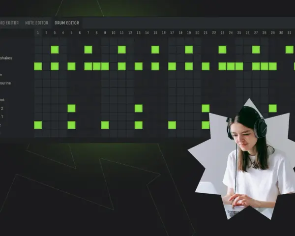 Kobieta w słuchawkach tworzy muzykę EDM na komputerze, programując rytm w edytorze perkusyjnym.