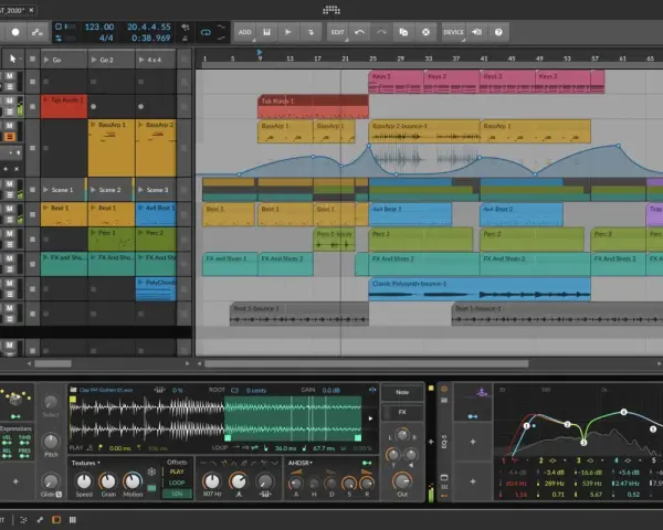Wielostrefowy projekt w Bitwig Studio z warstwami instrumentów, sampli i efektów.