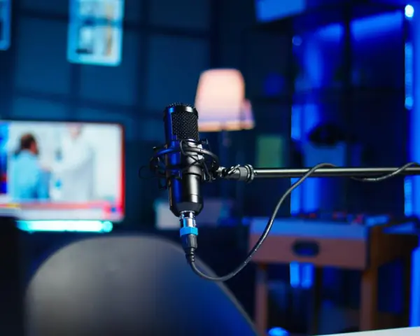 Profesjonalne studio do nagrywania z mikrofonem w centrum. W tle widać ekran telewizora z wiadomościami i niebieskie oświetlenie.