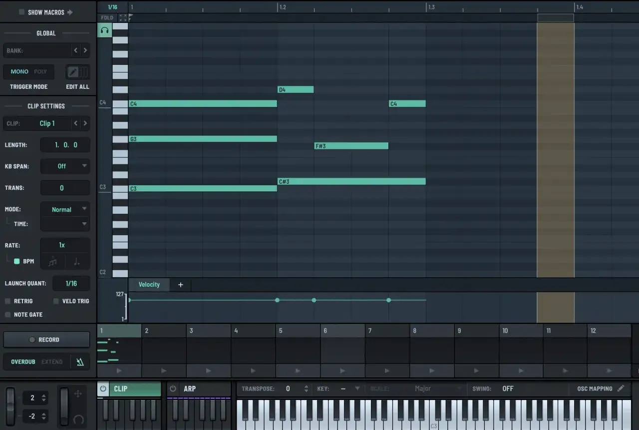 Sekwencer MIDI w FL Studio z zapisanymi nutami. Widoczny jest edytor piano roll, gdzie tworzone są melodie, np. dla syntezatora Serum.