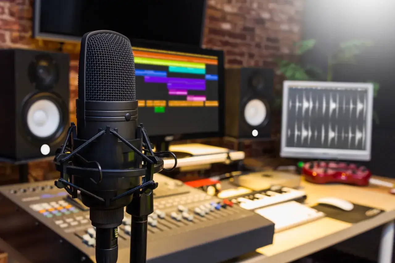 Profesjonalne studio nagraniowe z mikrofonem, mikserem i ekranami wyświetlającymi ścieżki dźwiękowe. Idealne miejsce na kurs realizacji dźwięku.