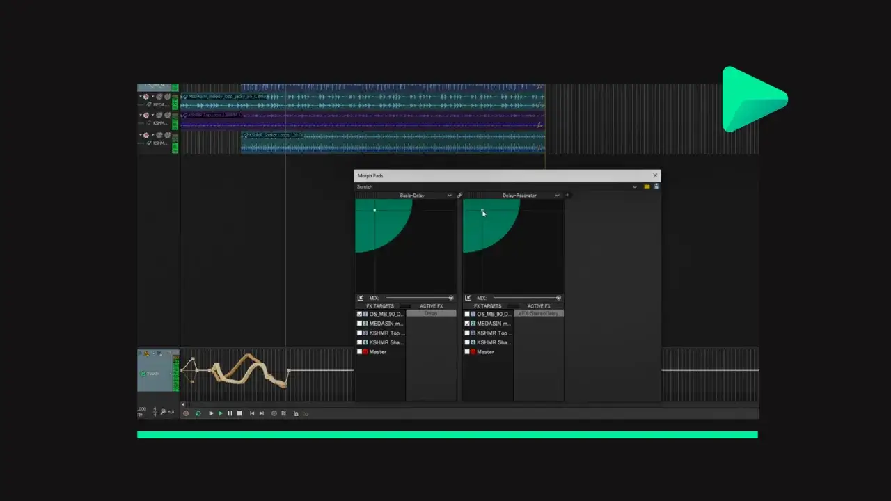 Praca z programem Sonic Foundry ACID. Widok sekwencera audio z efektami i kontrolkami.