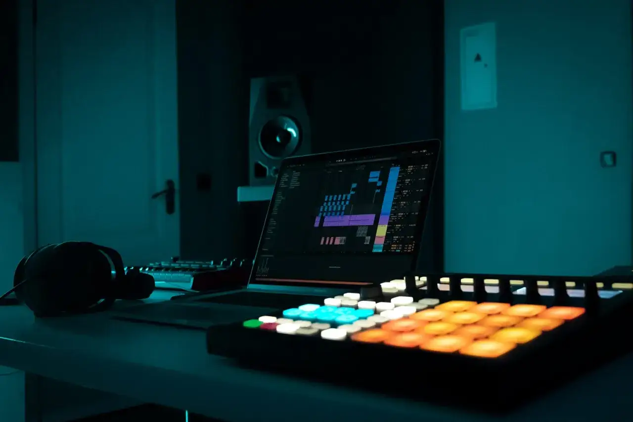 Studio z laptopem, słuchawkami i padami, gotowe do tworzenia muzyki w stylu slap house.