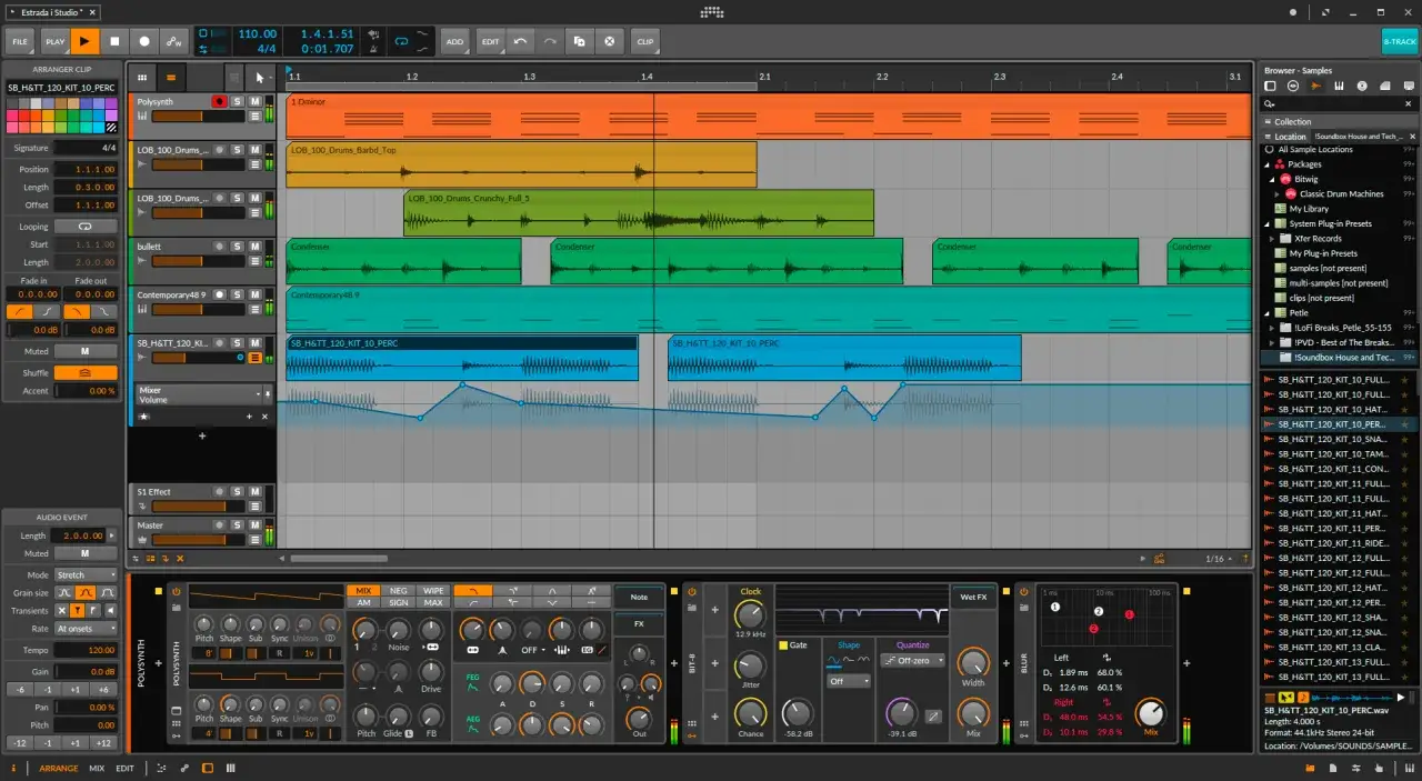 Sekwencja w Bitwig 8-Track z samplami perkusyjnymi i syntezatorem.