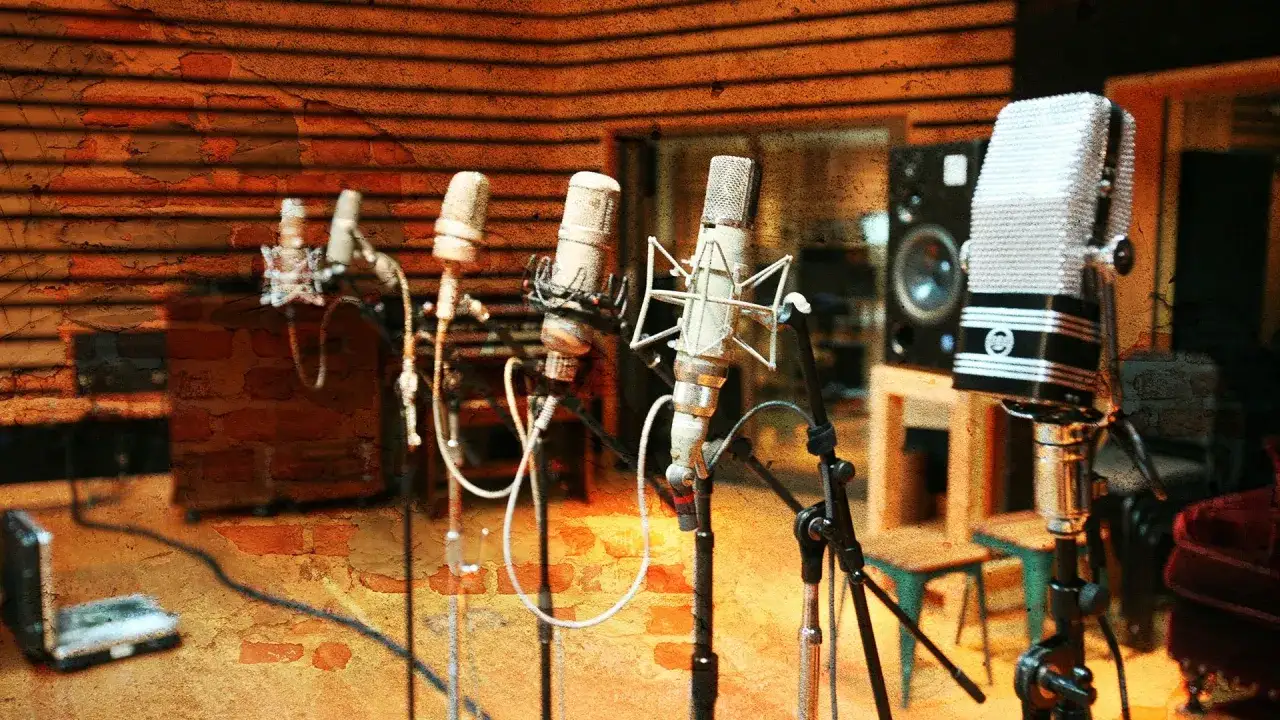 Kilka mikrofonów studyjnych, gotowych do nagrania wokalu, być może z użyciem techniki vocal doubler dla pełniejszego brzmienia.