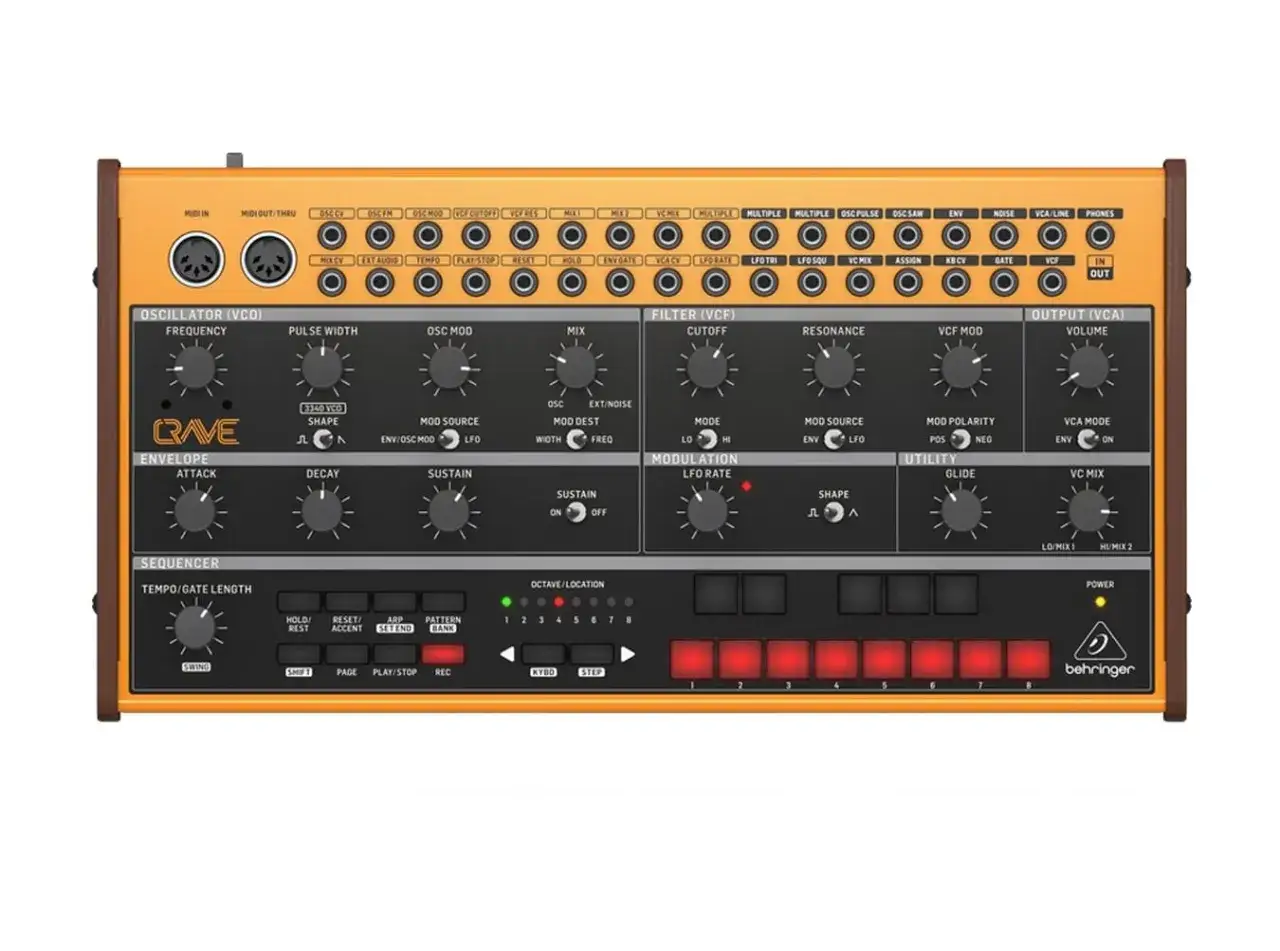 Behringer Crave, syntezator analogowy z sekwencerem, pokrętłami do modulacji i filtrowania.