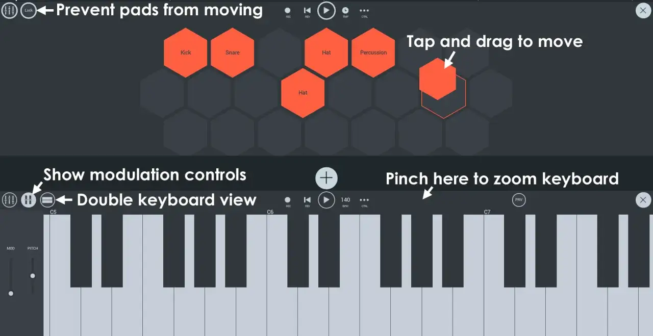 Interfejs midi FL Studio z padami perkusyjnymi i klawiaturą. Można przesuwać pady, pokazywać kontrolki modulacji i przybliżać klawiaturę.
