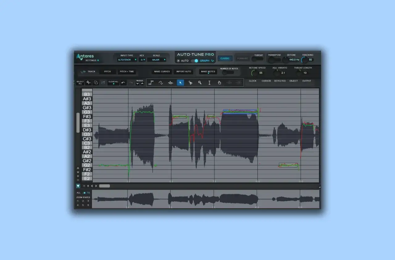 Antares Auto-Tune Pro z wykresem nut i fali dźwiękowej. Idealne narzędzie do edycji wokalu, które może być dostępne jako autotune vst free.