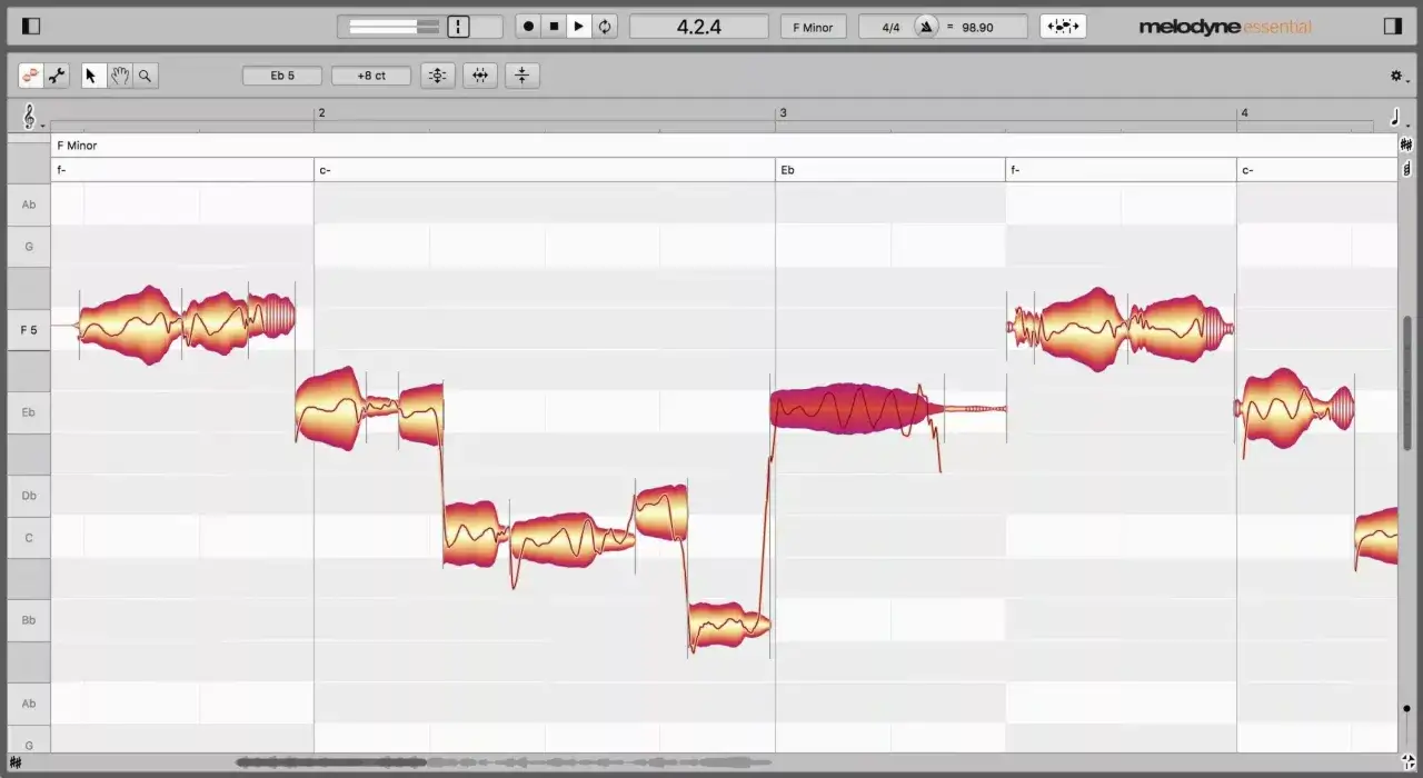 Widok programu Celemony Melodyne z analizą ścieżki wokalnej. Kolorowe fale dźwiękowe pokazują wysokość i dynamikę nut.