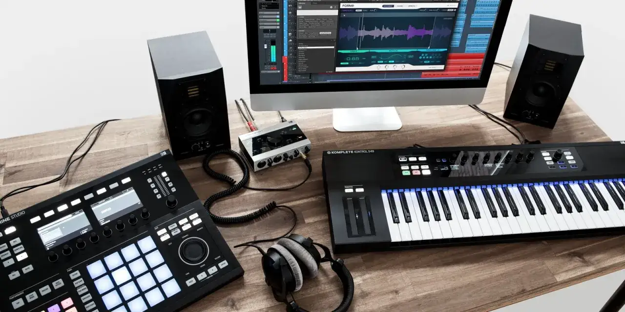 Stacja robocza do produkcji muzyki: klawiatura, kontroler padów, interfejs audio, monitory studyjne i komputer z oprogramowaniem DAW. Idealny zestaw dla każdego twórcy, który chce tworzyć muzykę na maszynie.