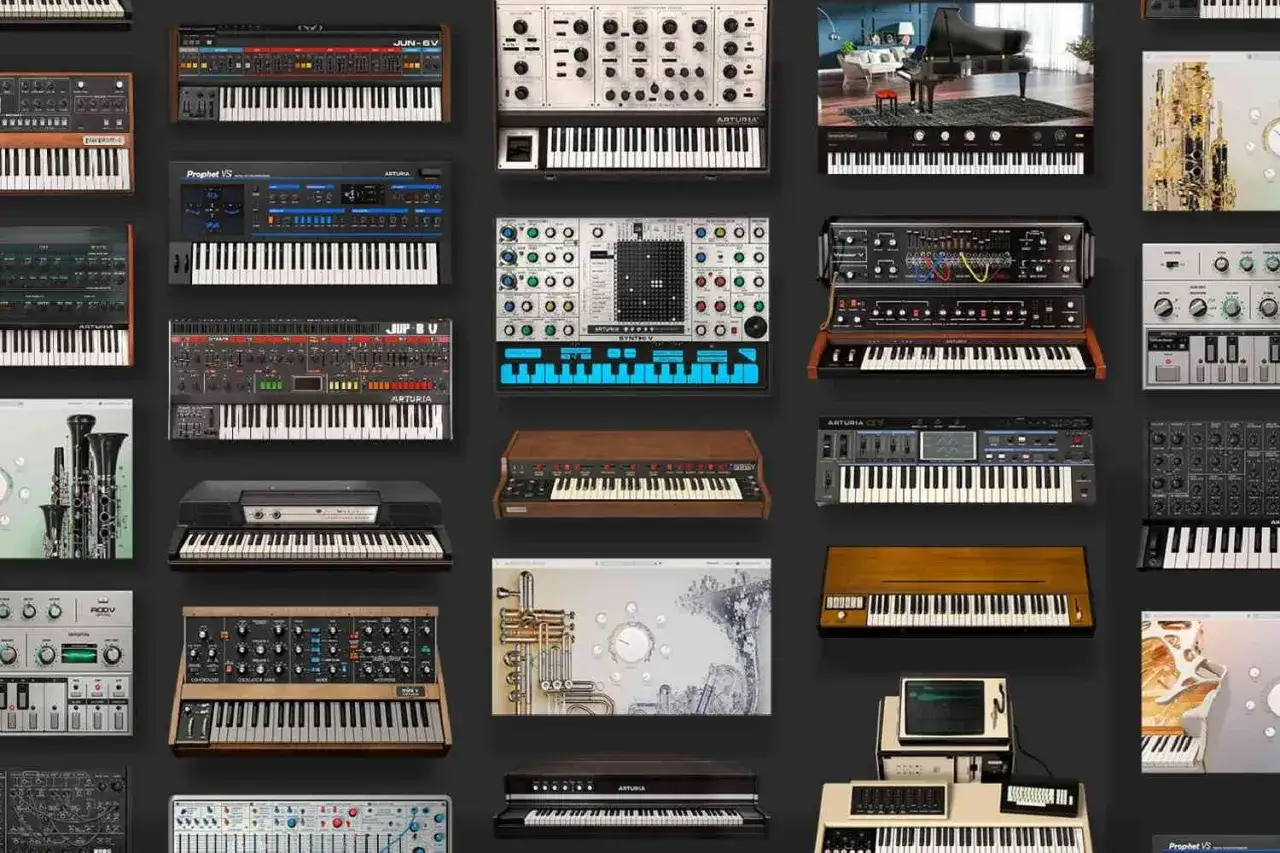 Kolekcja wirtualnych instrumentów Arturia V Collection, od klasycznych syntezatorów po fortepiany i instrumenty dęte.