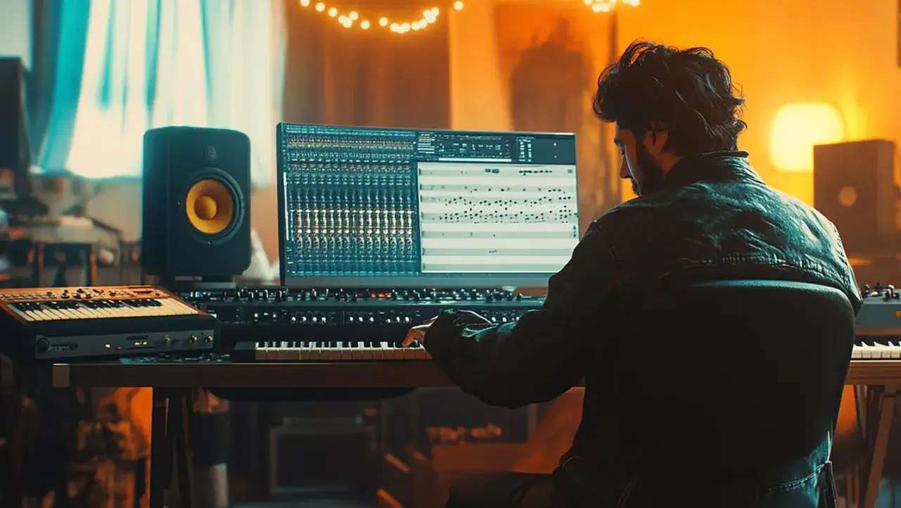 Producent muzyczny tworzy utwór w Abletonie, grając na klawiaturze. W tle monitory studyjne i lampki.