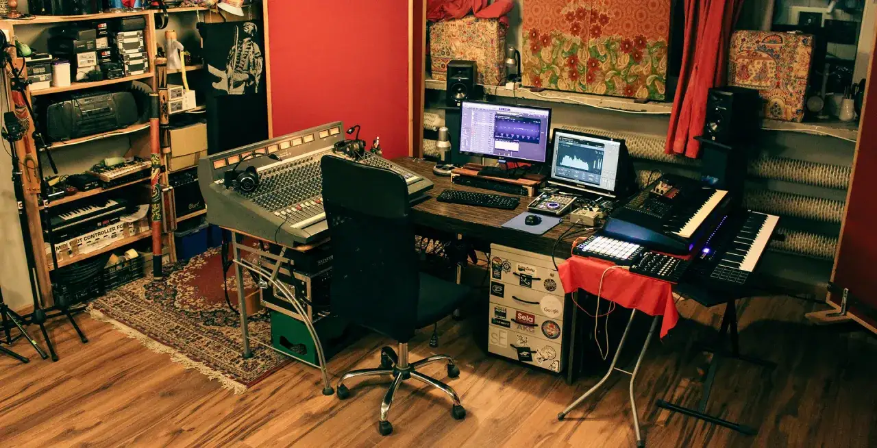 Wygodne studio do nagrywania z mikserem, klawiaturami, komputerem i sprzętem muzycznym.
