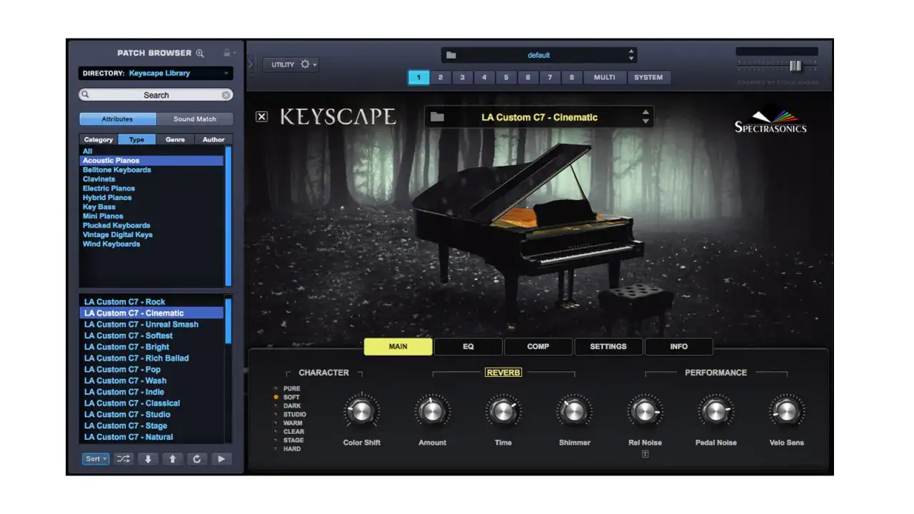 Wybór wirtualnego instrumentu piano vst: LA Custom C7 - Cinematic, z efektami i kontrolkami.