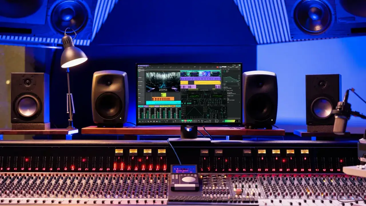 Studio nagraniowe z monitorami, mikserem i ekranem wyświetlającym oprogramowanie do edycji dźwięku. To miejsce, gdzie powstaje remaster.