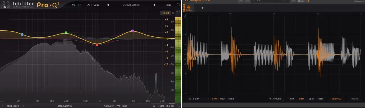 Krzywa korektora FabFilter Pro-Q 3 pokazuje wzmocnienie sub basu. Po prawej oscyloskop ukazuje sygnał audio.