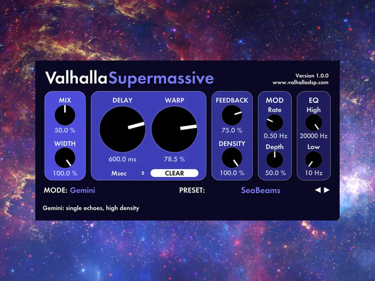 Valhalla Supermassive: interfejs wtyczki audio z pokrętłami Mix, Delay, Warp, Feedback, Mod, EQ. Tryb Gemini.