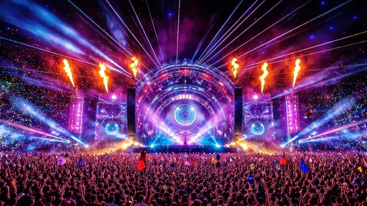 Koncert z efektami pirotechnicznymi i laserami, tłum ludzi tańczy w rytm muzyki. To właśnie jest dubstep, co to za energia!