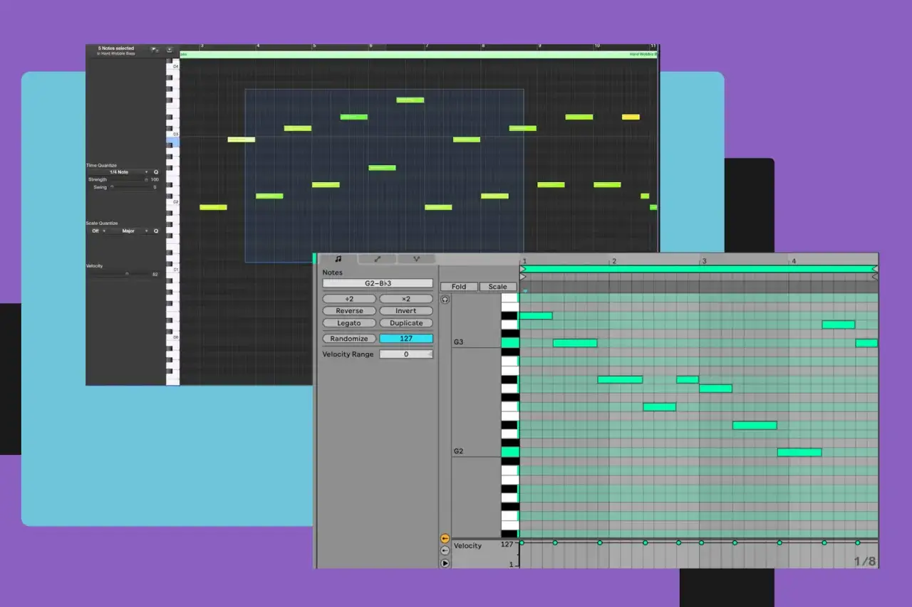 Widok edytora muzycznego z kolorowymi nutami na piano roll. Program do tworzenia muzyki z widocznymi opcjami edycji.