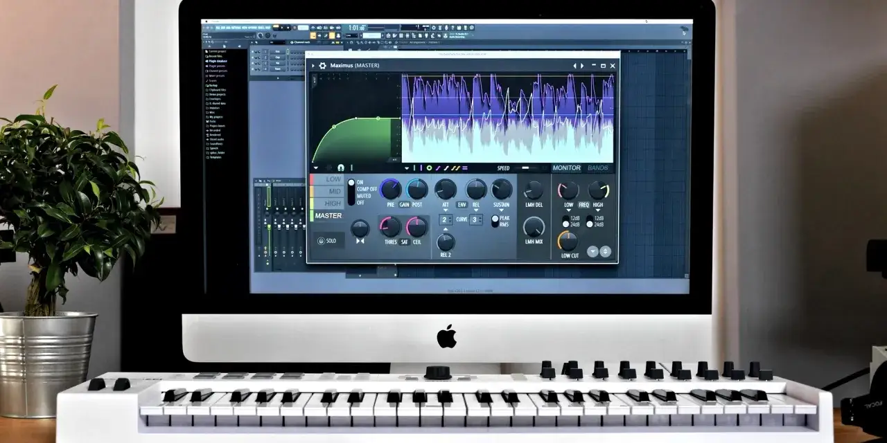 Fl Studio na komputerze z klawiaturą sterującą. Na ekranie wtyczka Maximus, pokazująca analizę audio. Sprawdź fl studio wymagania, by tworzyć muzykę.