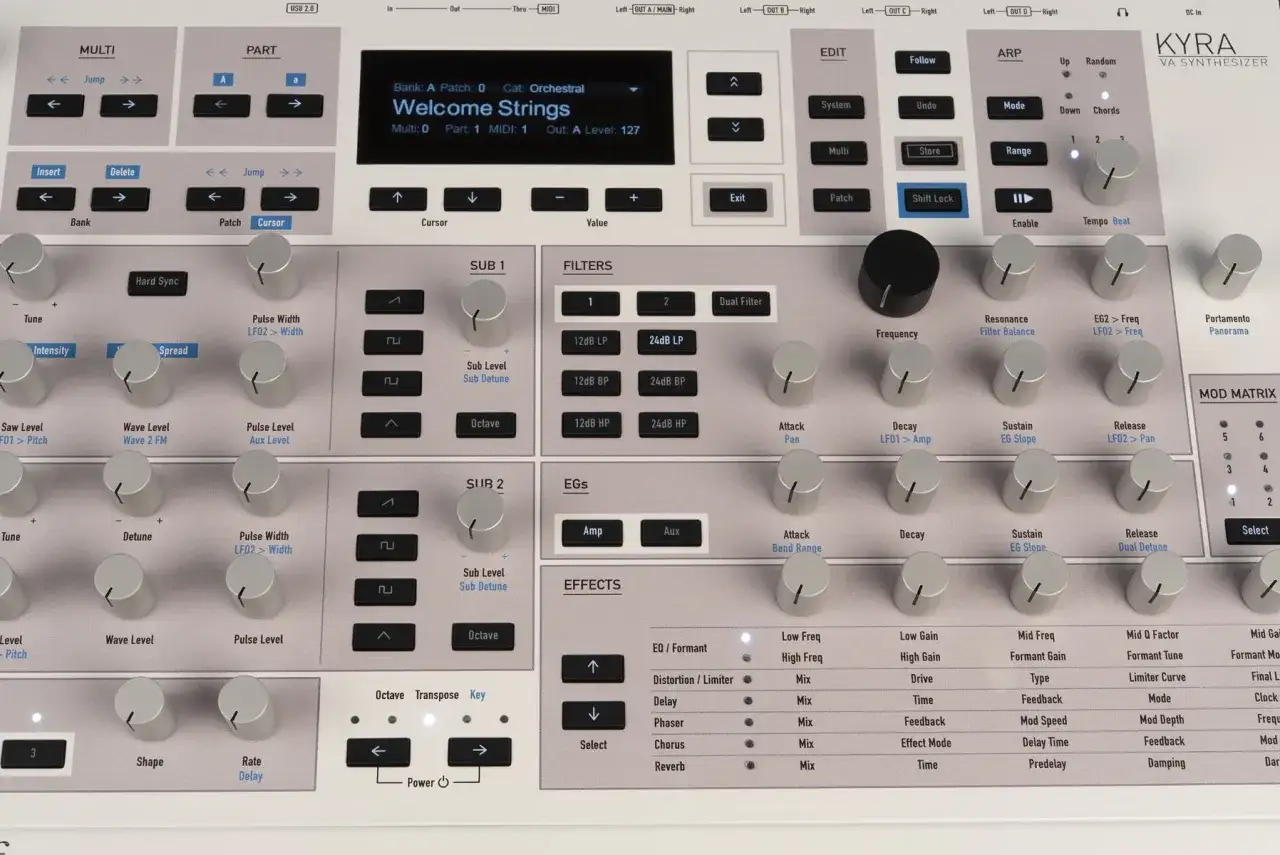 Waldorf Kyra VA Synthesizer z panelem sterowania, wyświetlaczem 