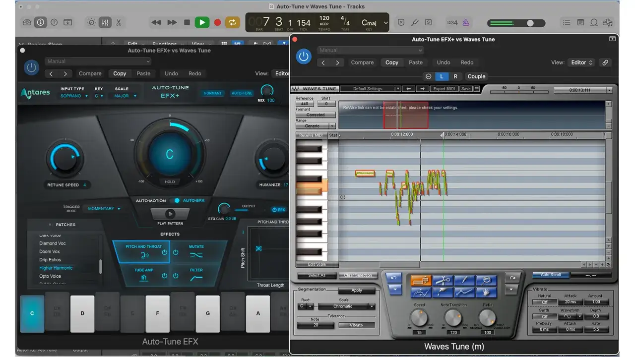 Dwa programy do edycji dźwięku: Auto-Tune EFX+ i Waves Tune, pokazujące korekcję intonacji i efekty wokalne.
