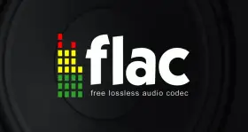 Logo FLAC z kolorowym wskaźnikiem poziomu dźwięku i napisem "free lossless audio codec". Ciesz się muzyką w najwyższej jakości.