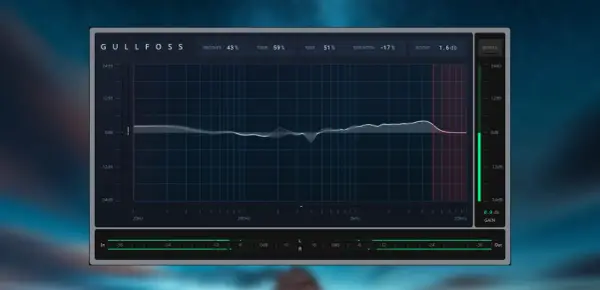 Gullfoss VST: wykres korektora audio z ustawieniami Recover, Tame, Bias i Brighten.