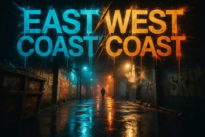 Nocny zaułek z neonowym napisem "EAST COAST WEST COAST". Deszczowa ulica, graffiti i samotna postać w oddali.